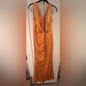 Mustard satin evening dress with slit and removable belt